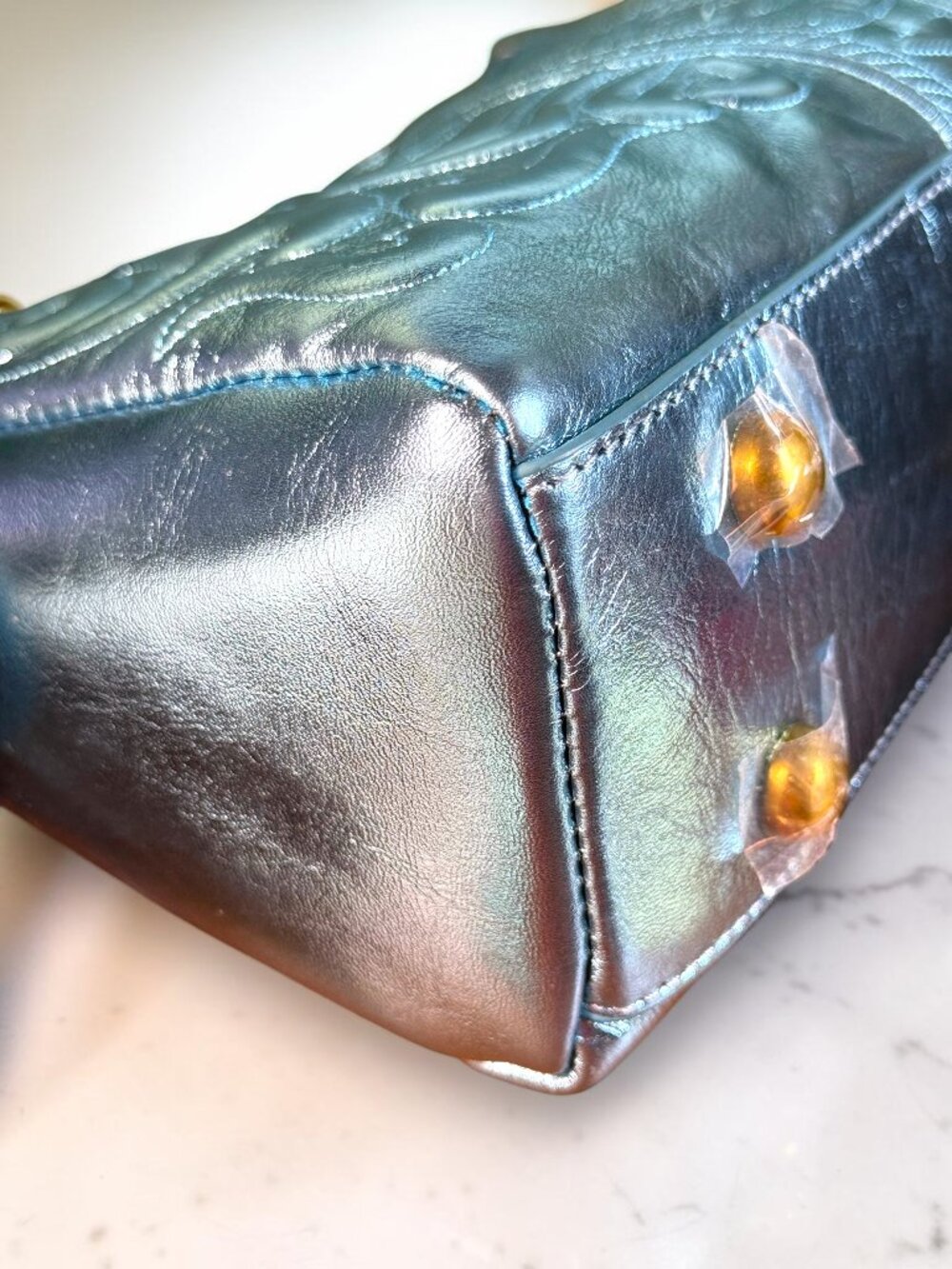 Sharif 1827 Metallic Peacock Blue Embossed Leather Crossbody Shoulder Bag - Picture 13 of 13